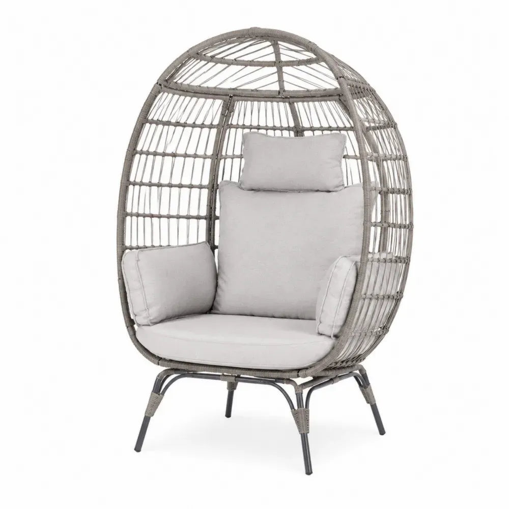 Gartensessel Loungesessel in Ei-Form mit Kissen 110 x 95 x 150 cm PE-Rattan Stahl Polyester Grau Hellgrau Schwarz
