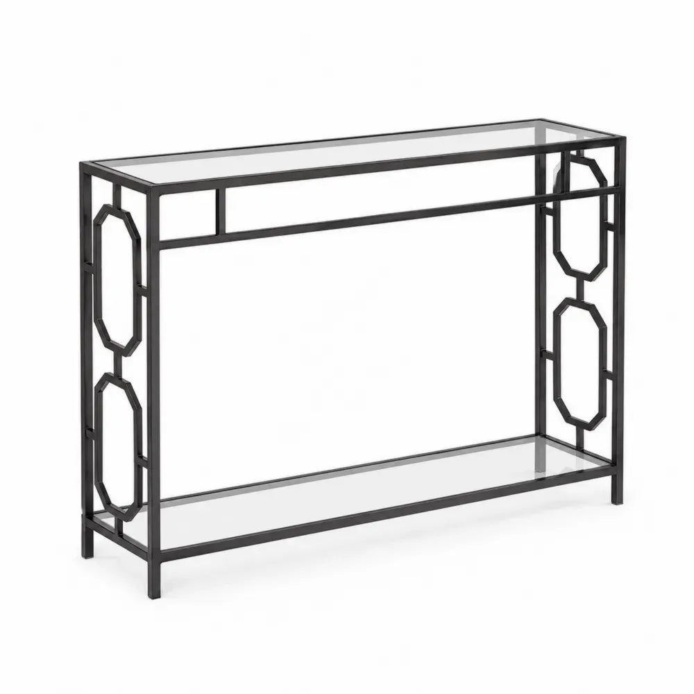 Konsolentisch mit 2 Glasablagen 120 x 35 x 80 cm pulverbeschichteter Stahl gehärtetes Glas rechteckig Schwarz Transparent