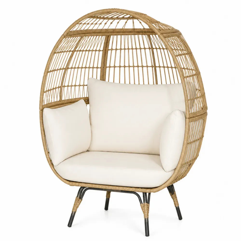 Gartensessel Loungesessel Ei Form 115 x 95 x 150 cm PE Rattan Stahl Polyester Beige Creme Schwarz