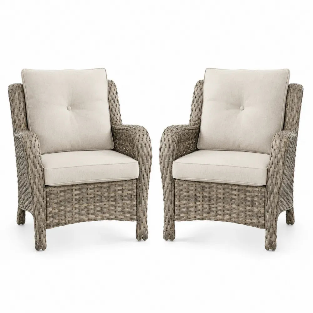 Gartenstuhl 2er Set mit Armlehnen und Kissen 68 x 74 x 90 cm PE Rattan Stahl Polyester Beige Grau Creme
