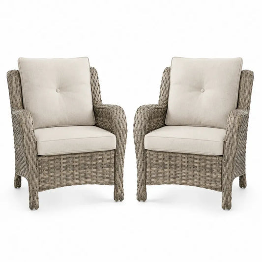 Gartenstuhl 2er Set mit Armlehnen und Kissen 68 x 74 x 90 cm PE Rattan Stahl Polyester Beige Grau Creme