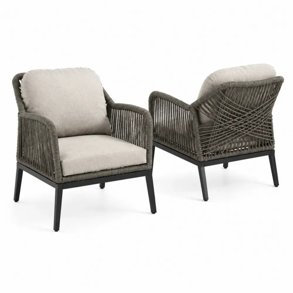 Garten Loungesessel 2er Set mit Kissen 75 x 78 x 78 cm Aluminiumrahmen PE Seilgeflecht Polyester Beige Taupe-Grau Schwarz