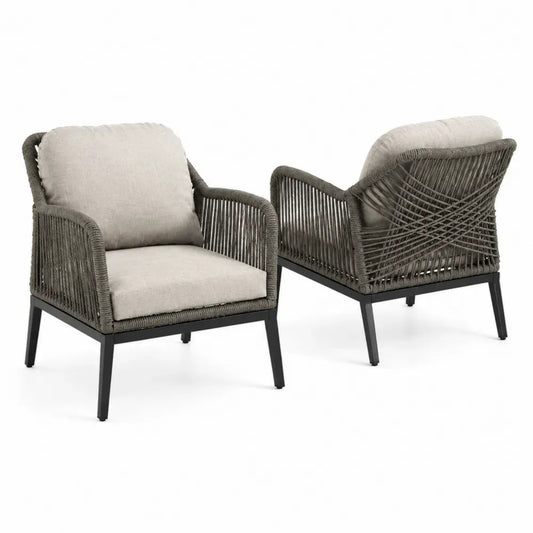 Garten Loungesessel 2er Set mit Kissen 75 x 78 x 78 cm Aluminiumrahmen PE Seilgeflecht Polyester Beige Taupe-Grau Schwarz
