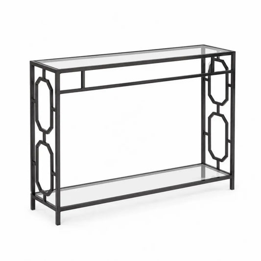 Konsolentisch mit 2 Glasablagen 120 x 35 x 80 cm pulverbeschichteter Stahl gehärtetes Glas rechteckig Schwarz Transparent