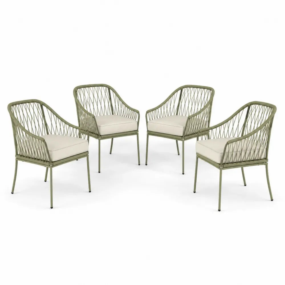 Gartenstühle 4er Set mit Armlehnen und Kissen 62 x 64 x 84 cm pulverbeschichteter Stahl Polyesterseil rechteckig olivgrün creme