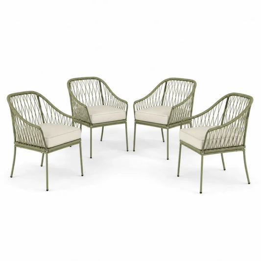 Gartenstühle 4er Set mit Armlehnen und Kissen 62 x 64 x 84 cm pulverbeschichteter Stahl Polyesterseil rechteckig olivgrün creme