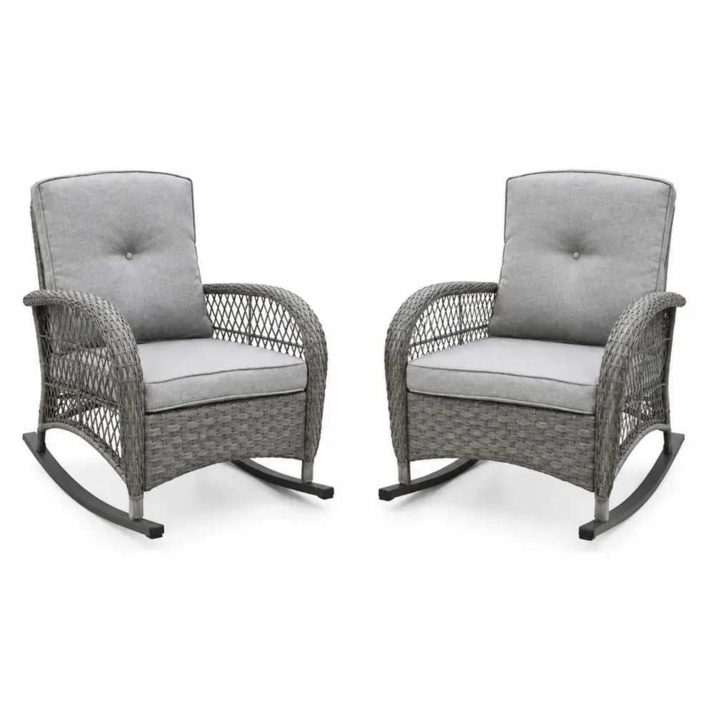Garten-Schaukelstühle 2er Set mit Polsterauflagen 74 x 86 x 91 cm PE-Rattan Stahl Grau Hellgrau Schwarz