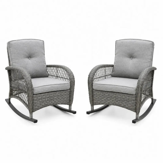 Garten-Schaukelstühle 2er Set mit Polsterauflagen 74 x 86 x 91 cm PE-Rattan Stahl Grau Hellgrau Schwarz